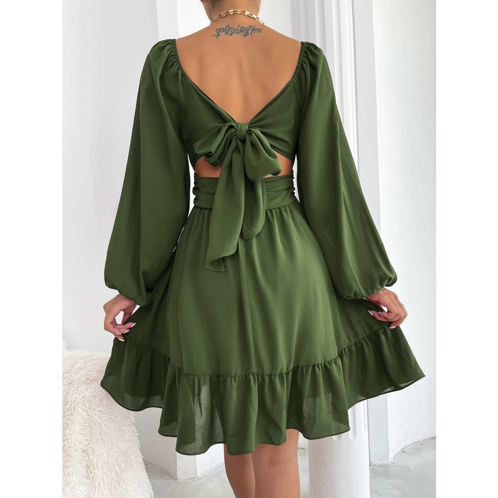 square neck long sleeve Knot Back Lantern Sleeve Ruffle Hem Dress black - Picture 7 of 11